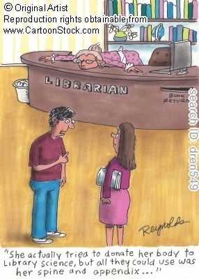 The image depicts a cartoon scene set in a library. In the foreground, a man in a maroon shirt and blue pants stands with a surprised expression, facing a woman in a pink dress holding books. Behind them, a librarian lies asleep at the desk, which is labeled "LIBRARIAN." The desk is cluttered with a computer monitor, a telephone, and a vase with flowers. The background features bookshelves filled with books. The text at the bottom reads, "She actually tried to donate her body to Library science, but all they could use was her spine and appendix..." The image is credited to the artist Reynolds and includes a watermark for CartoonStock.com.  Provided by @altbot@fuzzies.wtf, generated privately and locally using Ovis2-8B