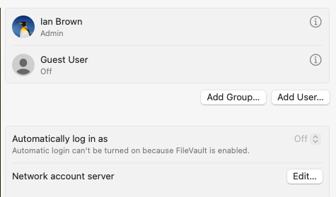 Screenshot user "Users & Groups" settings page in macOS Sequoia