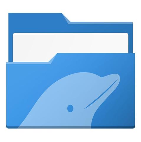New icon for KDE's file manager „Dolphin“ which is a blue folder with a white paper in it. On the folder is the upper body a very cute dolphin in light blue.