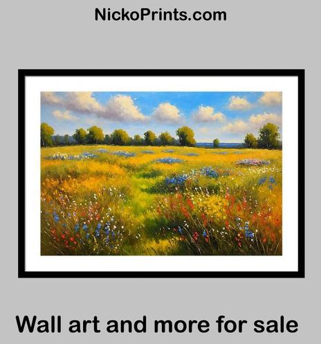 Grassfield with Wildflowers under a Beautiful Sky with Clouds , painting for sale