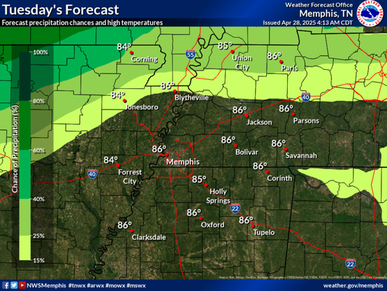 Shower and thunderstorm chances gradually increase across northeast Arkansas, the Missouri Bootheel, and northwest Tennessee late Tuesday afternoon into Tuesday night.