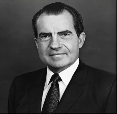 Black and white photograph of president Richard M. Nixon associated with his
radio address about the American Right of Privacy on 23 February 1974 featured in the 1981 NOVA documentary, "Computers, Spies and Private Lives", restored by the Computer History Archives Project (CHAP) and included in the video.

Nixon is pictured from the chest up facing the camera. He wears a dark suit and patterned tie with a light shirt.