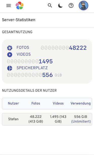 Screenshot der Immich Server Statistik:

Server-Statistiken
GESAMTNUTZUNG

FOTOS
0000000048222

VIDEOS
0000000001495

SPEICHERPLATZ
0000000000
556
GiB
NUTZUNGSDETAILS DER NUTZER
Nutzer
Fotos
Videos
Verwendung
Stefan
48.222 (413 GiB)
(143 GiB)
556 GiB (Unlimitiert)