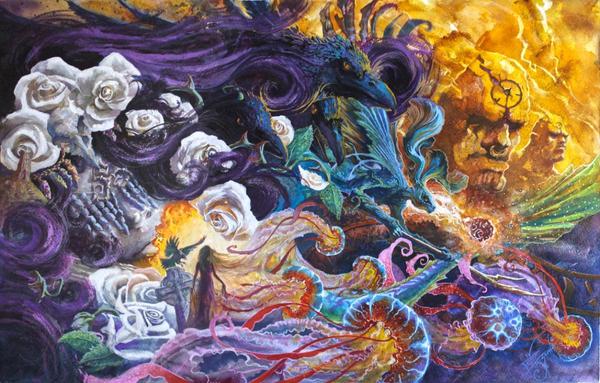 Surreal fantasy artwork with white roses, a black bird, a shadowy figure, jellyfish, and swirling vibrant colors blending into abstract skulls and clock faces.