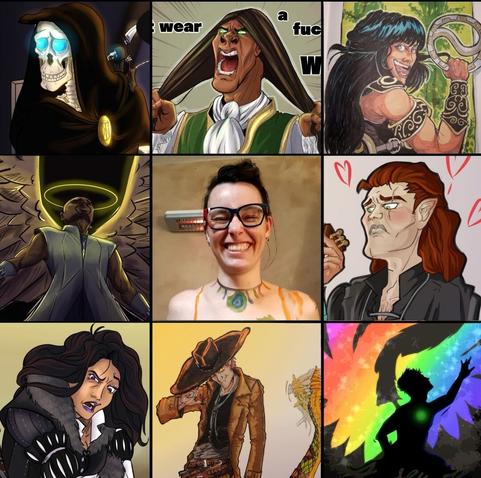 9 little pictures inside one.
Middle showing me (middle aged white woman with brown hair and glasses).
Around me faces of: Death from Discword, Ranold Meni from my german novel Schicksalsweber, Xena, Crowly from Good Omens, Amenadiel from Lucifer, Castiel from Supernatural, Yennefer from The Witcher