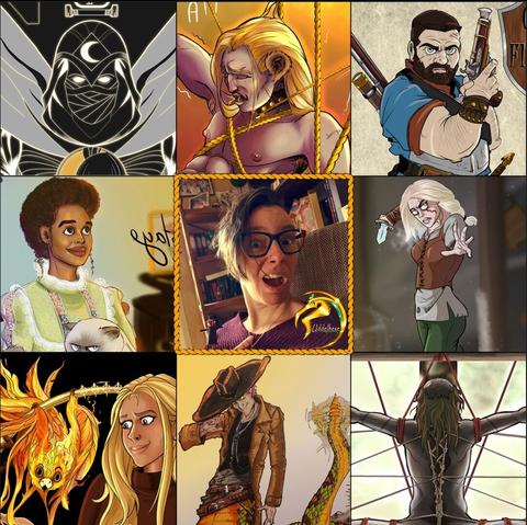 9 little pictures inside one.
Middle showing me (middle aged white woman with short brown hair and glasses).
Around me faces of: Moonknight, black Lady with Cat in Vintage clothes from a Draw this in your style challenge, Panos from My webcomic Lord of Souls, Flinkhand (OC of a German writer), Ciri from Witcher, a blonde white woman with a phoenix beside her (Commission for a witers Logo), Crowley from Good Omens as half Snake, Buttons from Our flag means Death