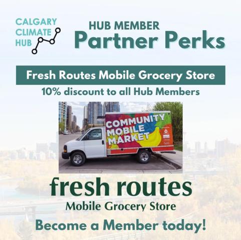 "ALT TEXT: image of the Fresh Routes Mobile Grocery Store truck witht he title Hub Member Partner Perks - 10% discount to all Hub Members - become a member today"