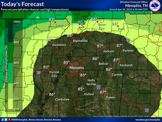 Highs in the 80s with a few showers and storms arriving in northeast AR late this evening.