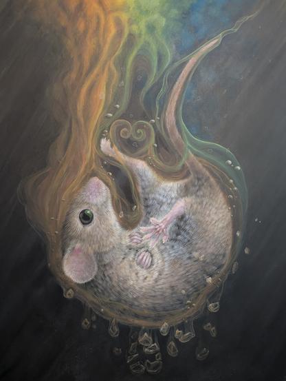 An acrylic painting of a brown house mouse falling into dark water depths through multicoloured mist and glass.