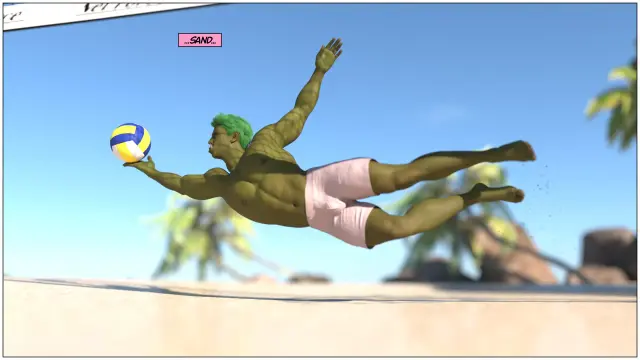 A preppy ogre jock diving for a volleyball.