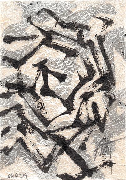 Abstract painting in portrait format; Painting is made of short strokes, segmented curves, black in front, grey on light beige on the background.