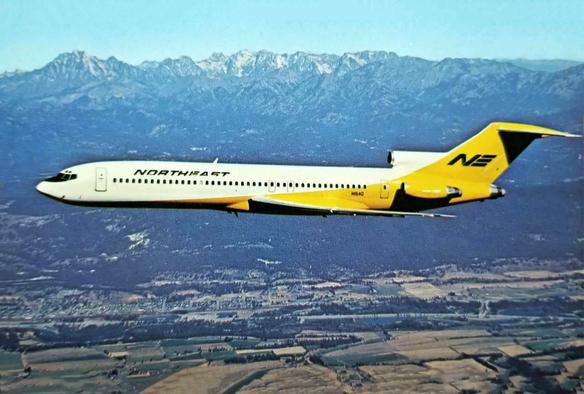 727 postcard. Flying high in the blue sky from right to left.