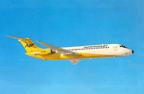 DC-9 postcard. Flying high in the blue sky from left to right