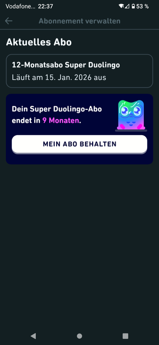Kündigungsbestätigung in der Sprachlernapp Duolingo.