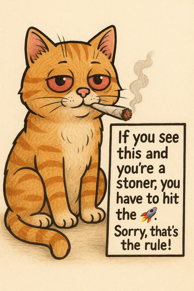 This AI-generated image features a cartoon-style orange tabby cat with droopy red eyes, clearly giving off stoner vibes. The cat is sitting calmly, holding a lit joint in its mouth, with smoke curling up lazily into the air. Its expression is relaxed, mellow, and slightly amused.

Next to the cat is a sign in bold text that reads:
“If you see this and you’re a stoner, you have to hit the 🚀. Sorry, that’s the rule!”

The entire image has a vintage, hand-drawn illustration feel — almost like a coloring book with warm tones and thick outlines. The humor plays on stoner meme culture and internet challenges, turning the cat into a kind of unofficial weed mascot issuing a gentle dare.