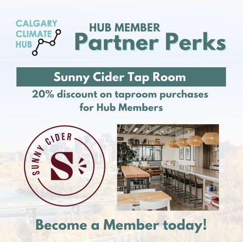 ALT TEXT - Hub logo + headline "Hub member Partner Perks" - Sunnycider Tap Room - 20% discount on taproom purchases for Hub members. Sunycider logo + image of the taproom & cosing line "Become a Member today!"