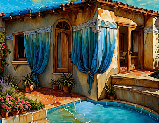 Sun-drenched mediterranean-style house with terra cotta tiles, potted plants, flowing blue outdoor tied curtains, and a shimmering pool in the courtyard.