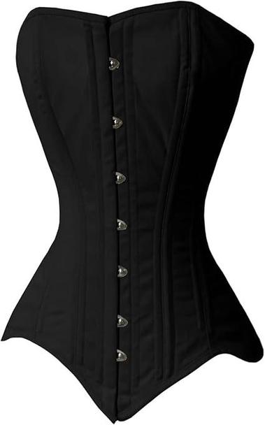 A long black overbust corset with double spiral steel bones lined. It's made of matte-black cotton