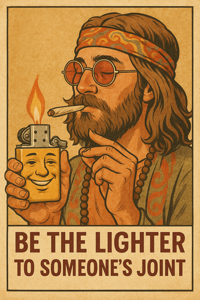 A laid-back man with long hair, a full beard, and round red-tinted sunglasses is shown lighting a joint. He wears a colorful, swirly-patterned headband and a beaded necklace, giving him a classic hippie vibe. In one hand, he holds a bright yellow lighter with a smiling cartoon face on it, its flame burning steady as he brings the joint to it with a calm, focused expression.

Beneath the image, bold red text on a tan, textured background reads:
BE THE LIGHTER TO SOMEONE’S JOINT

The style mimics a retro poster, blending warm tones and hand-drawn textures to create a nostalgic, feel-good mood. Though it looks like something out of a vintage print shop, the artwork is actually AI-generated, designed to resemble old-school counterculture illustrations with a playful and uplifting twist.