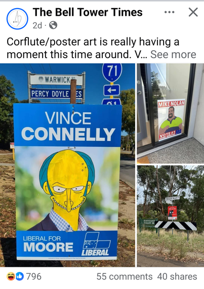 Image from the Belltower Times Facebook page. It's a Liberal election corflutes for Vince Connelly, he has been painted over with the face of Smothers from the Simpsons