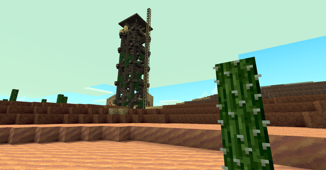 Mineclonia. A desert with a cactus in the right foreground. In the background, a Pillager Outpost with a bamboo scaffold ascending up its entire length.