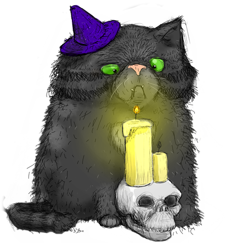 Round and cuddly black cat with green eyes stares at a skull candle stick and questions the  decor choices.