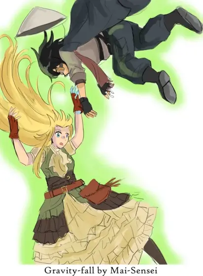 Sorawo and Toriko in steempunk outfits in free fall.