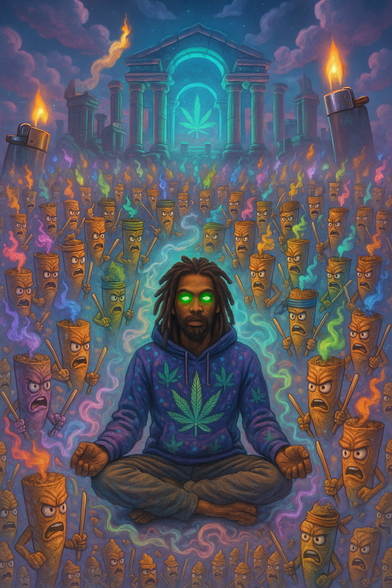 A man with dreadlocks sits cross-legged in a meditative pose, eyes glowing neon green, surrounded by swirling, colorful smoke. He wears a hoodie adorned with glowing cannabis leaves and radiates calm energy despite the chaos around him. Angry anthropomorphic joints with arms, legs, and furious expressions crowd around him on all sides, each one holding a lit match. Their smoke burns in a spectrum of bright, fiery colors — orange, blue, green, purple — like an army of torches.

Towering ancient ruins loom behind the crowd, glowing with teal light and crowned by a massive glowing cannabis leaf above the central archway, giving the scene a mythic, temple-like atmosphere. Giant lighters stand like eternal flames on either side of the structure, illuminating the night sky with blazing orange tips.

This psychedelic, AI-generated artwork blends stoner culture with epic fantasy and spiritual iconography. The serene central figure acts as a peaceful, almost divine presence in the middle of a smoke-fueled uprising — the enlightened one among an army of lit-up chaos.