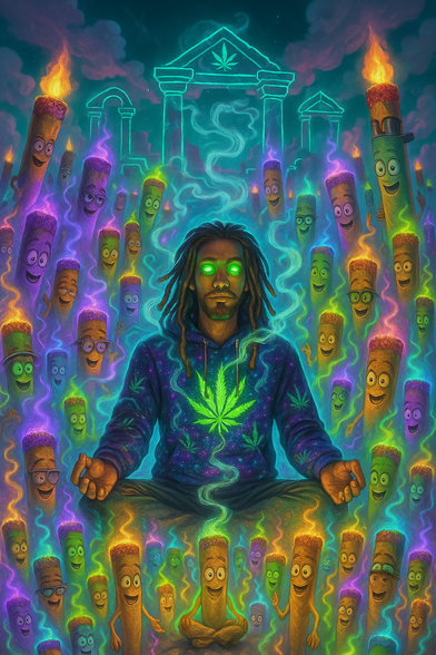 A man with glowing green eyes sits cross-legged in a meditative pose, exhaling swirling streams of neon smoke that rise into a glowing cannabis temple in the background. He wears a deep blue hoodie covered in stars and vibrant marijuana leaves, with a radiant green leaf glowing at the center of his chest. His expression is calm, centered, and otherworldly.

Surrounding him is a joyful crowd of anthropomorphic joints — each one smiling, laughing, and glowing in various colors. Some wear glasses, hats, or headbands, and all of them emit multicolored smoke trails. The once-angry crowd from the previous artwork has transformed into a welcoming, euphoric gathering of cosmic stoner spirits.

The atmosphere is warm and electric, lit by giant flaming joints that stand like mystical torches along the edges. A neon outline of a Greco-Roman temple glows overhead with a cannabis leaf at its peak, making the scene feel like a psychedelic shrine of peace and positivity.

Created with AI, the image channels stoner spirituality through vibrant color, surreal energy, and an unapologetic celebration of cannabis culture.