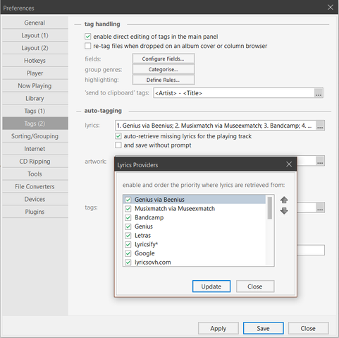 Screenshot of the MusicBee preferences page, with the auto-tagging preferences for Lyrics Providers visible