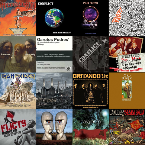 Colagem de capas de álbuns em uma grade quadrada com 4 linhas e colunas. na ordem das linhas, estão ordenadas as seguintes capas: 

Gates of Metal Fried Chicken of Death por Massacration
This Much Remains por Conflict
Delicate Sound Of Thunder [Live] por Pink Floyd
RIOT! por Paramore
This Is Why por Paramore
Garotozil de Podrezepam por Garotos Podres
Live in Dublin 2024 por Conflict
O Satânico Dr. Mao e os Espiões Secretos Contra os Coxinhas Renegados Inimigos do Povo por Garotos Podres
Somewhere Back In Time por Iron Maiden
Animals (2018 Remix) por Pink Floyd
Libertariamente por Gritando HC
Construção por Chico Buarque
Singelos Controntos por Flicts
The Division Bell por Pink Floyd
All We Know Is Falling por Paramore
Canções de Resistência por Garotos Podres
