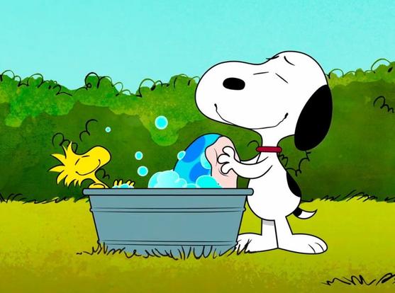 Das Bild zeigt eine Zeichentrick-Szene im Freien. Im Vordergrund steht Snoopy, der bekannte weiße Beagle mit schwarzen Ohren und einem roten Halsband. Er beugt sich lächelnd über eine graue Waschwanne und wäscht mit einem rosa Schwamm den kleinen gelben Vogel Woodstock.
Woodstock sitzt in der Wanne, die mit blauem, schaumigem Wasser gefüllt ist, und scheint das Bad ebenfalls zu genießen. Im Hintergrund ist eine grüne Wiese mit einigen dunkelgrünen Büschen unter einem hellblauen Himmel zu sehen. Die Szene wirkt fröhlich und freundschaftlich.