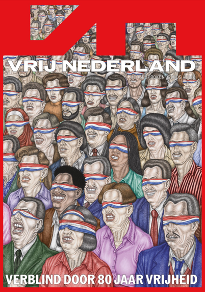 Afbeelding van de voorpagina van Vrij Nederland. Tekent in kleur van een groep mensen met allemaal een Nederlandse vlag als blinddoek om. Tekst: Vrij Nederland. Verblind door 80 jaar vrijheid.