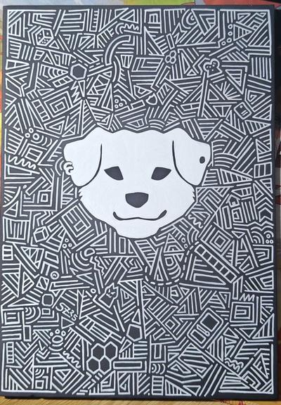 Silhouette of a dog head with floppy ears surrounded by random geometric shapes and lines. The dog is smiling and he has piercings in his ears. Between the doodles are some small symbols hidden like game cards, game figures, boardgame shapes and so on.