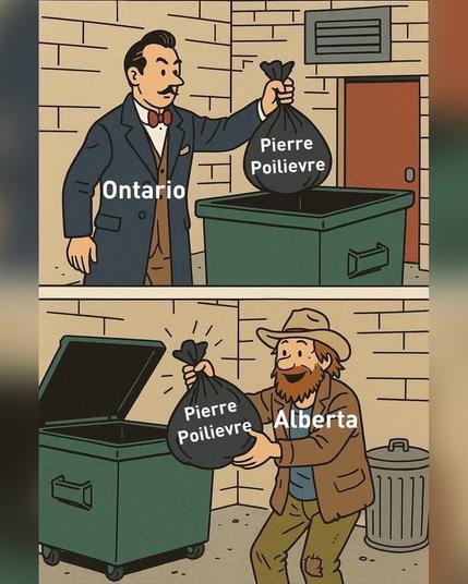 A cartoon with one panel showing a well dressed rich looking man captioned as “Ontario” placing a bag labeled “Pierre Poilievre” into dumpster. The next panel shows an unkempt smiling bearded man captioned “Alberta” taking the bag out of the dumpster.