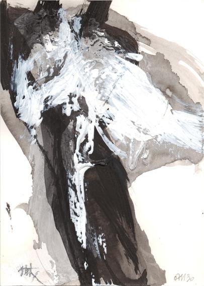 B&W abstract painting in portrait format; Vertical black shape covered on top by a more horizontal white shape. Both are surrounded by echoes in different shades of grey.