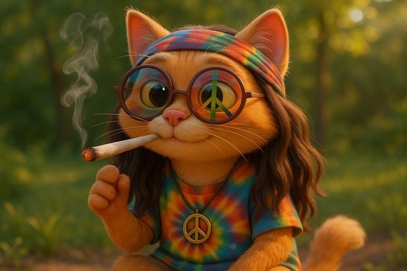 A fluffy orange cat sits contentedly in a sunlit forest clearing, holding a lit joint between its paw fingers. Its fur is plush and cartoonishly soft, styled in the unmistakable Pixar-like aesthetic with big, expressive eyes and a rounded, lovable design. The cat wears a rainbow tie-dye shirt, a matching headband, and a peace sign necklace, fully dressed for a stoner Woodstock revival.

Oversized round glasses magnify its wide, relaxed eyes—one lens reflecting a colorful peace sign. Wisps of smoke drift lazily from the joint as the cat stares off with a mellow smile, its long, wavy hair framing its face like a tiny feline guru of peace.

Created in a Pixar-style animation, this AI-generated character blends adorable animation charm with classic stoner culture, giving off pure good vibes and “one love” energy. It’s the kind of cat that would absolutely share snacks and wisdom during a drum circle.