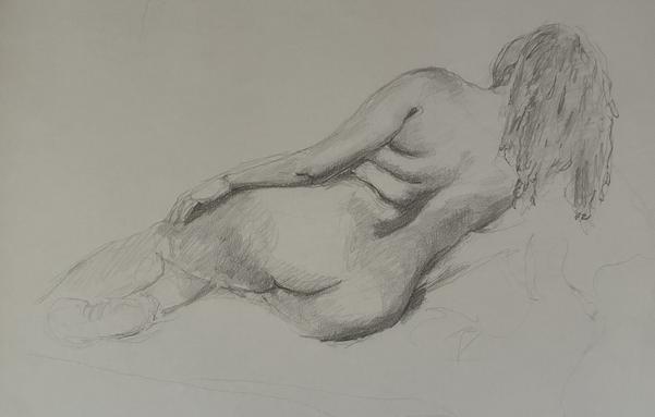 Figure drawing of the backside of a nude woman laying on her side
