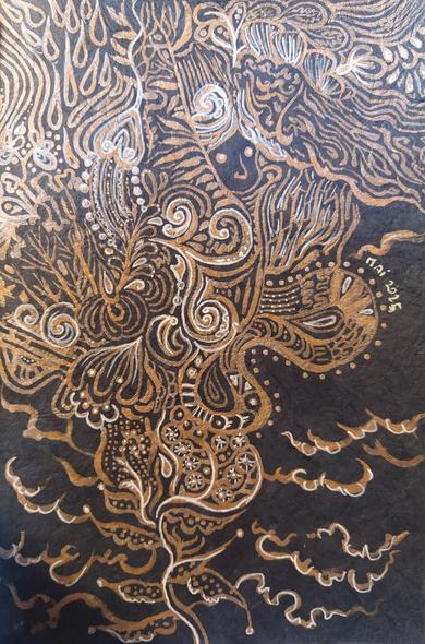 Une surface de papier noir est presque couverte de dessins géométriques au feutre cuivré et blanc.