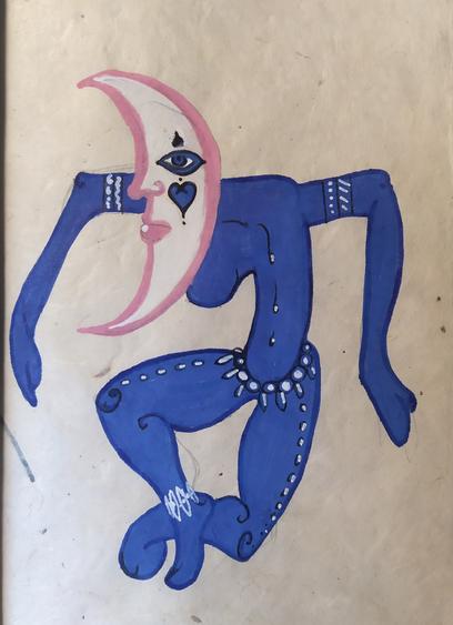 Un personnage à la tête en forme de croissant de lune, peint en bleu et très simplifié, évoque une position de danseur.