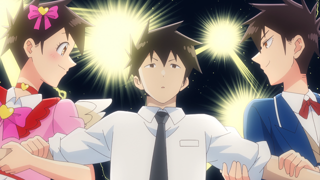 A boy being pulled on each arm by different idol characters he made in different games.