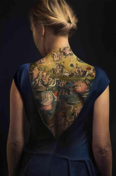 Paintimg of a woman's back with a detailed, intricate artwork tattoo depicting The Garden of Earthly Delights.