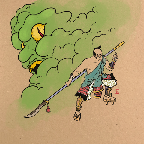 An epic old style ukiyo-e illustration of a samurai or ronin with a naginata and a green yokai spirit japanese demon.