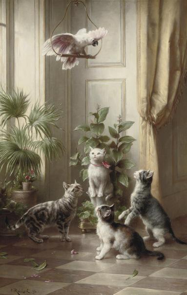 Oil painting in a long vertical composition depicting a well-lit room (sun appearing to come in from a window on left edge) with house plants on a checkered tile floor and a group of four cats (2 grey and white tabby, 1 calico, 1 white with a pink bow) looking up at a white cockatoo high above on its perch, who in turn is looking down at them below, crest up with an animated expression. Also visible are bits of leaves and flowers on the floor, perhaps from the cats' shenanigans (the white cat with the pink bow is sitting in one of the potted plants).