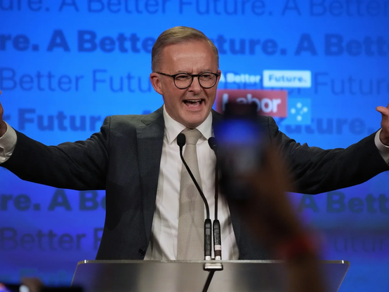 Photo of Anthony Albanese, Australian prime minister, delivering his speech upon being reelected on 3 May 2025.