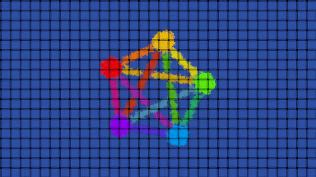 A computer wallpaper with a stylized version of the fediverse logo, done in a cubism style, on a background of light blue woven cloth.