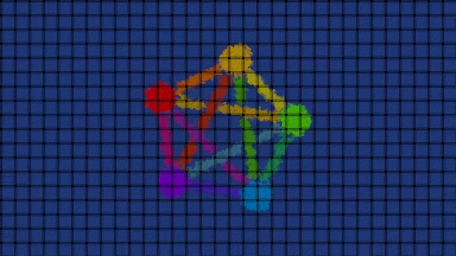A computer wallpaper with a stylized version of the fediverse logo, done in a cubism style, on a dark blue background of woven cloth.