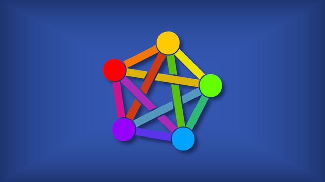 A computer wallpaper with a stylized version of the fediverse logo centered on a blue background.