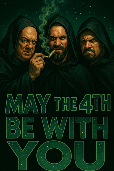 Three men dressed in dark hooded robes stand together under a starry night sky, illuminated by soft green lighting that gives them a mystical, ominous glow. The man on the left, with a bald head and a knowing smirk, holds a lit joint up to the lips of the middle man, who has long dark hair, a thick beard, and a serious expression as he takes a drag. The third man on the right scowls fiercely, his eyebrows furrowed in intense focus.

The scene humorously reimagines Paul Heyman, Seth Rollins, and Bron Breakker as galactic stoners dressed like Sith Lords, sharing a smoke session under the stars. Below them, large bold text reads:

“MAY THE 4TH BE WITH YOU”

The lettering glows with a star-speckled texture, mimicking the style of Star Wars title graphics. The entire AI-generated image blends pro wrestling personas with cosmic parody, turning the trio into an unlikely trio of high-as-hell force users commemorating Star Wars Day with style and smoke.
