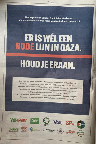 Er is wel een rode lijn in Gaza. Houd je eraan Advertentie De Volkskrant 20 april 2025